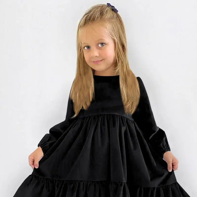 New 7-12 years Girls Spring Autumn Winter Velvet Long Sleeve Ruffle Hem Dress Princess Kids Party Dressess Children Clothing
