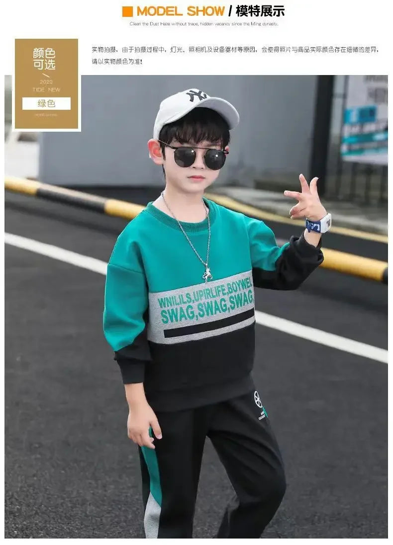 2024 autumn winter Boys Tracksuit velvet Children patchwork letters Cotton T-Shirt + Pants Suit Clothes children Set 12 14 Y