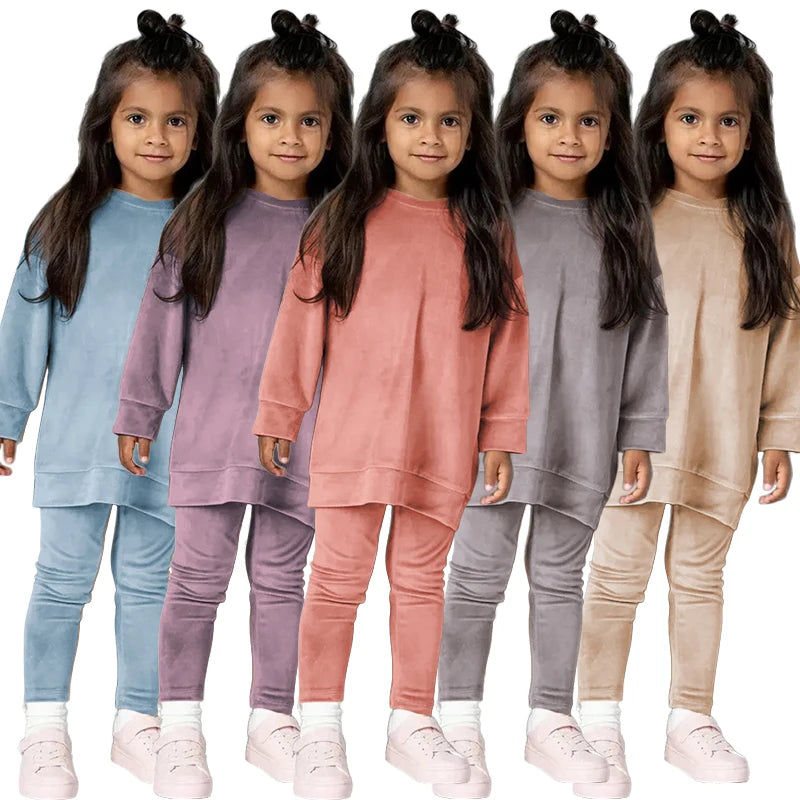 2024 Spring Kids Girl Velvet Suit Long Sleeve Pants Solid Clothes For Infant Toddler Boy Pullover Sweatshirt Set Teenage Outfits