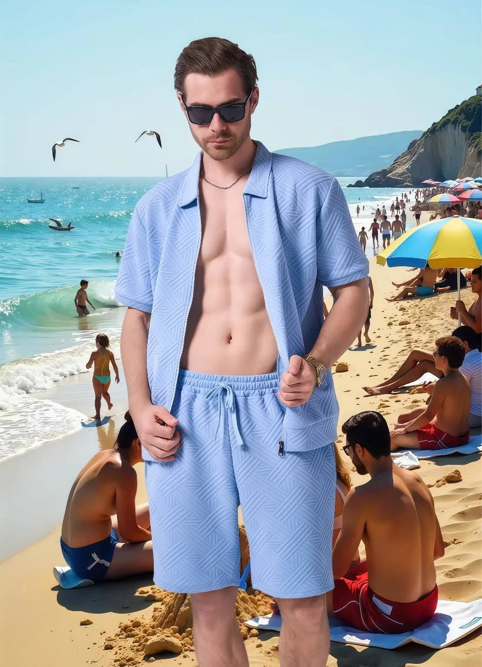 2025 summer new style men Hawaii fashion beauty suit simple casual jacquard short sleeve solid color zipper cardigan shorts two