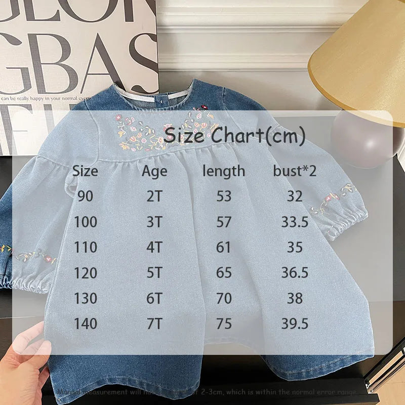 MILANCEL Girls Denim Dresses 2024 Autumn New Embroidery Floral Long Sleeve Dress Children's Daily Casual Clothes