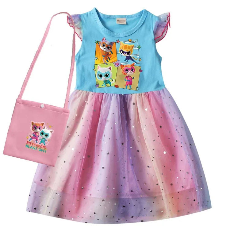 children SuperKitties Costume kids Cosplay Super Kitties clothes for Girls Flying Sleeves A-Line Dress with Bag and Headband