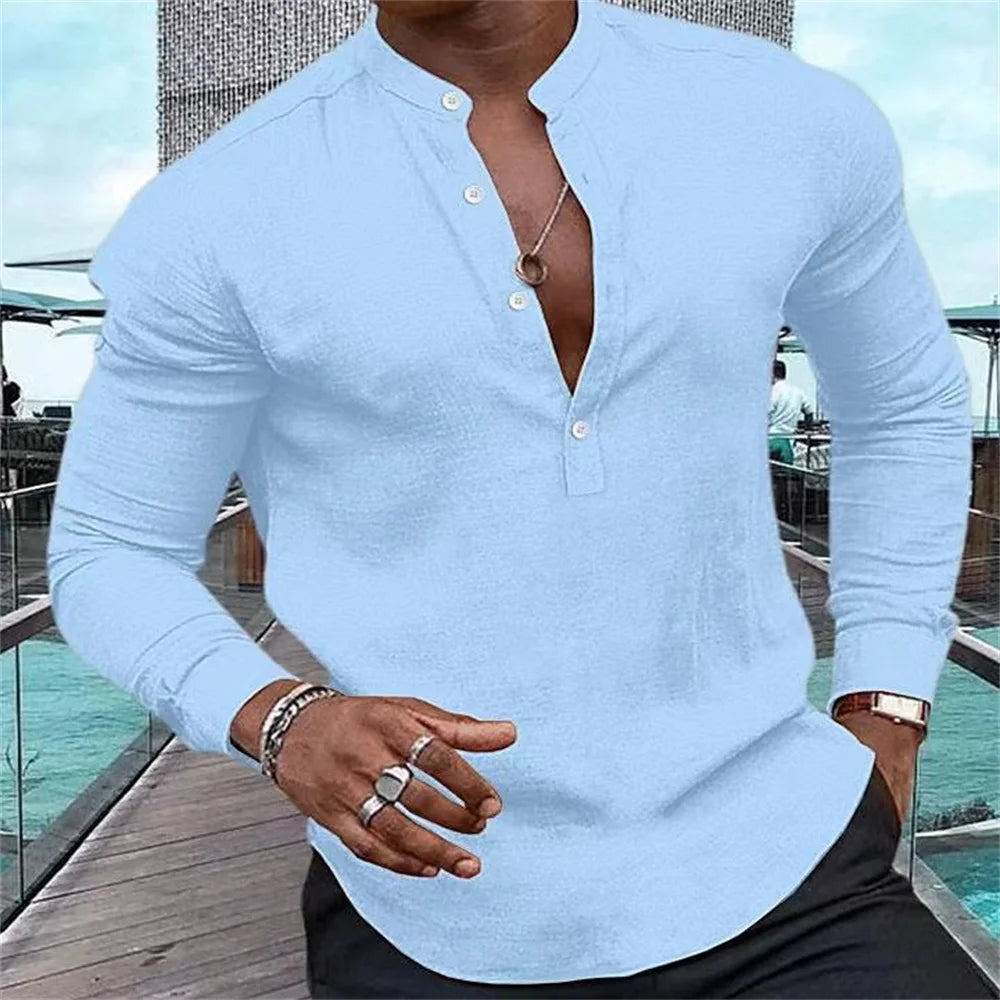 2023 New Fashion Men's High Quality Shirt Henry Solid Half Open Button Standing Neck Muscle Men's Street Casual Top