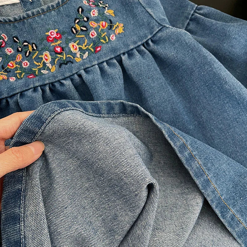 MILANCEL Girls Denim Dresses 2024 Autumn New Embroidery Floral Long Sleeve Dress Children's Daily Casual Clothes