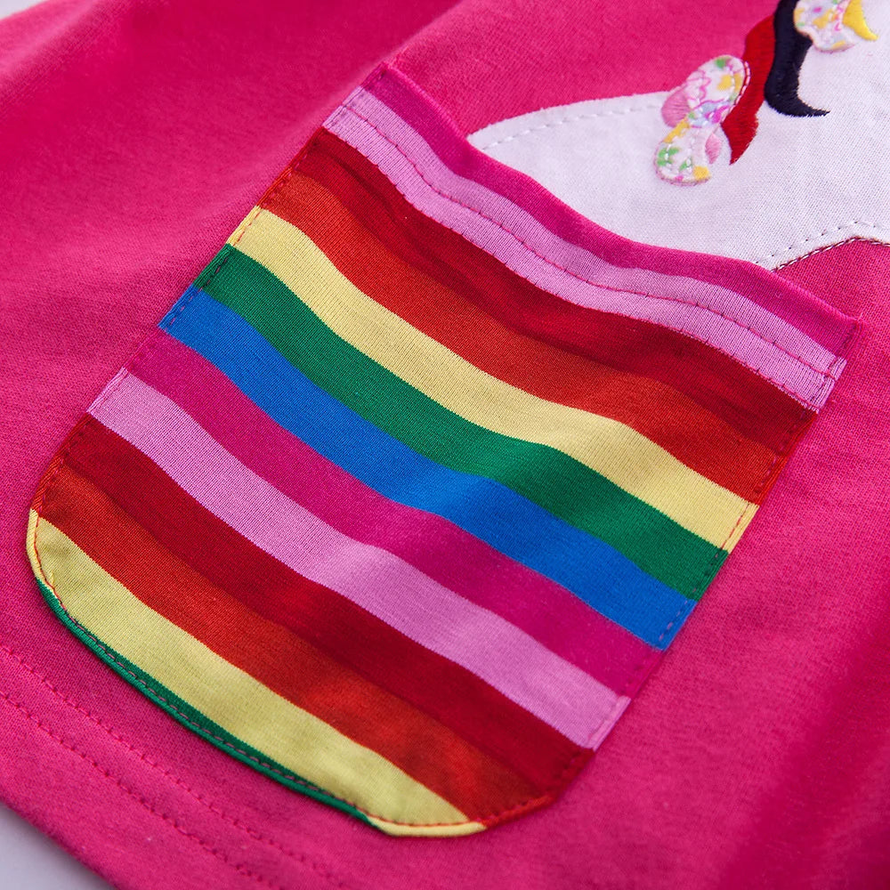 Girls' Long Sleeve Unicorn Dress Autumn Embroidery Two Pockets Rainbow Sleeves 81035