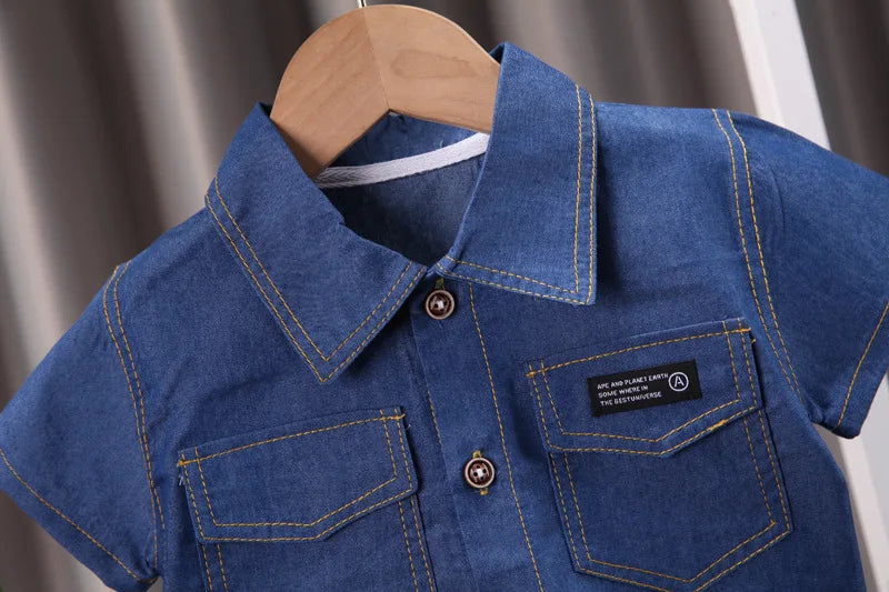 Summer new shirt 2024 boys lapel short-sleeved suit kidsren's clothing kidsren's workwear casual pants shirt two-piece set