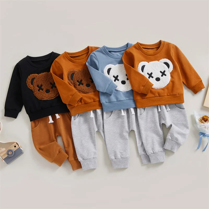 1-5 Years Kid Boys Girls 2Pcs Tracksuit Suits Fall Baby Plush Cartoon Bear Long Sleeves Sweatshirt Top + Elastic Waist Pants