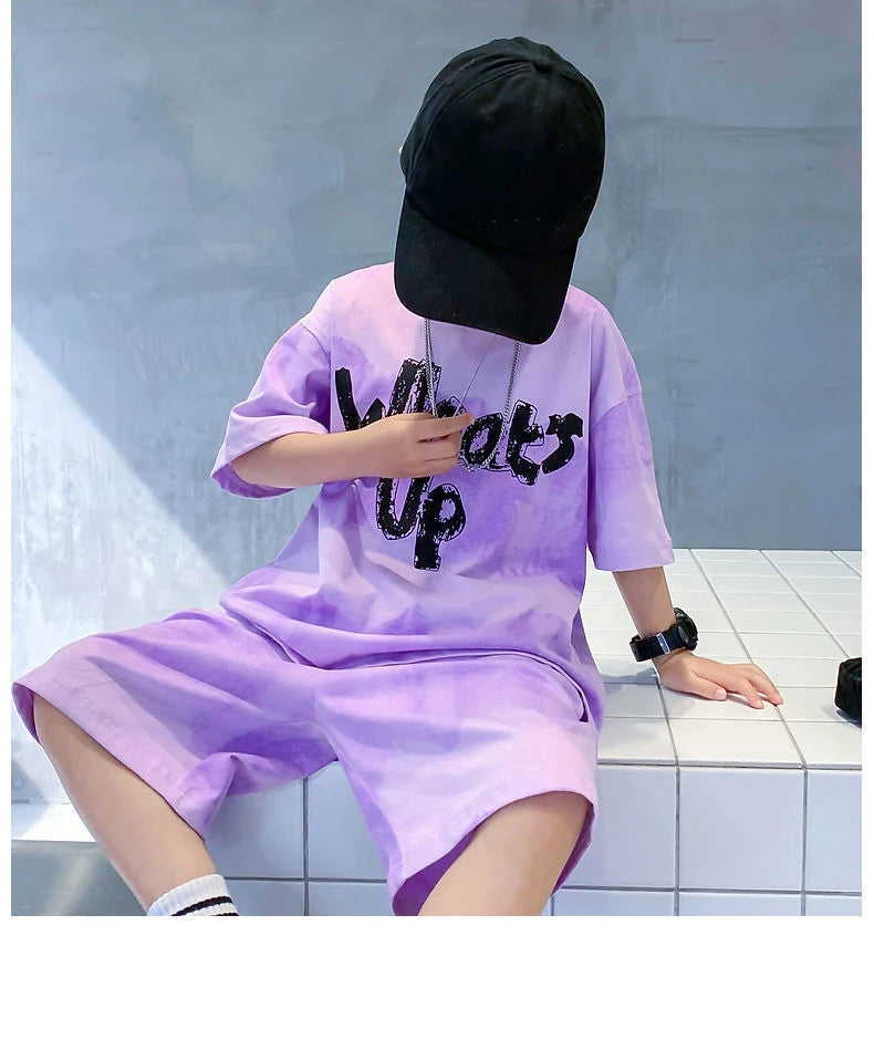 2024 New Boy Summer Quick dry Suit Children Streetwear what's up Short Sleeve TShirt + Shorts Two piece Sports Set Loose Outfits