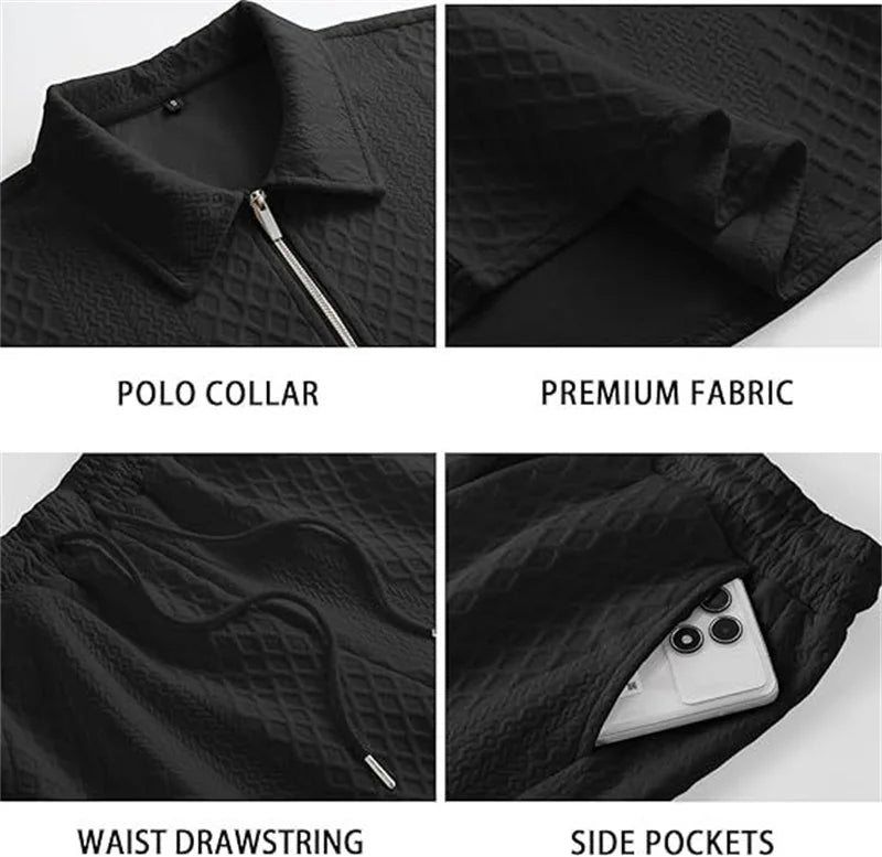 2025 New Men Suit Fashion Men's Summer Jacquard Half Zip Short Sleeve Polo Shirt+Shorts 2 PCS Sets Men Casual Sports Suit