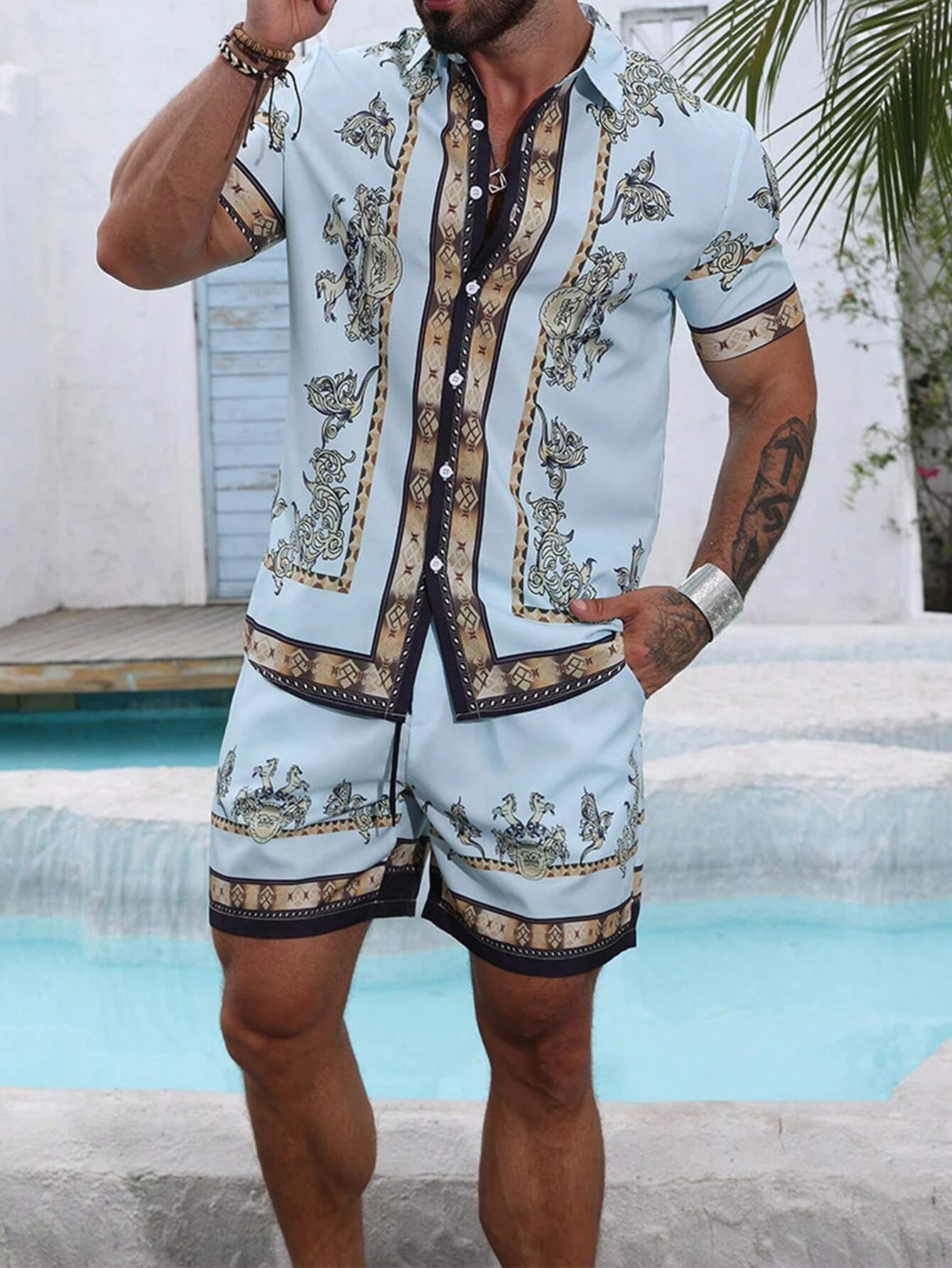 Striped shirt set Men's Short-sleeved Shirt Summer Short-sleeved Shirt Beach Shorts Men's Suit Street Casual y2k Shorts Leisure