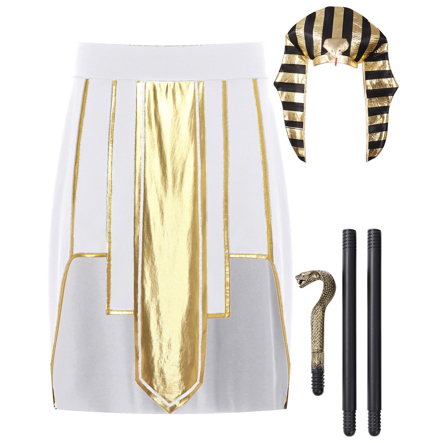 Mens Ancient Egyptian Pharaoh King Cosplay Costume Halloween Fancy Dress Skirt with Cuffs Collar Outfit for Theme Party/Stage