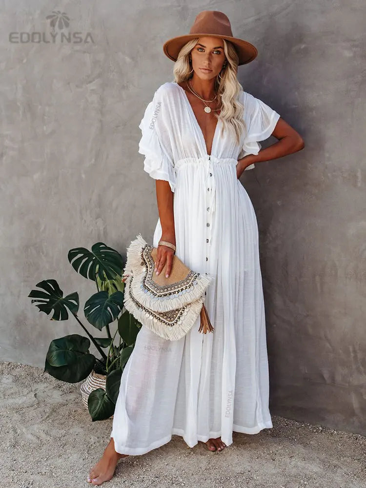 Embroidery Kaftan Beach Tunic Beach Cover up Saida de Praia Swimsuit Women Bikini cover up Pareo Sarong Beachwear Q882