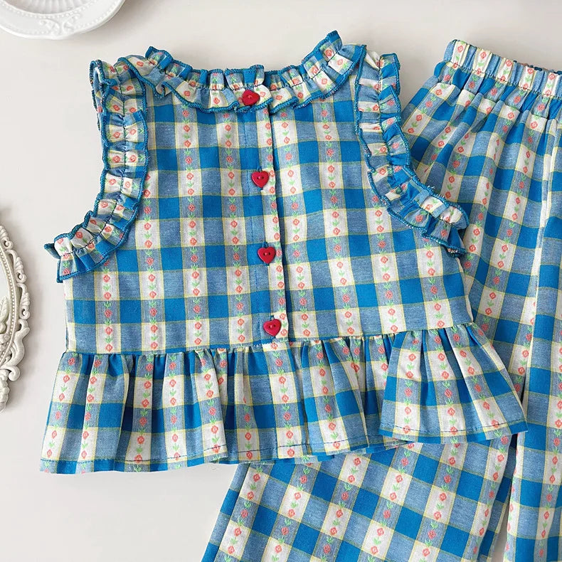 Children's Clothing Sets Blue Plaid Floral Print Sleeveless Top + Wide Leg Pants + Shorts 3 Pcs Sets Kids Clothes for Girls