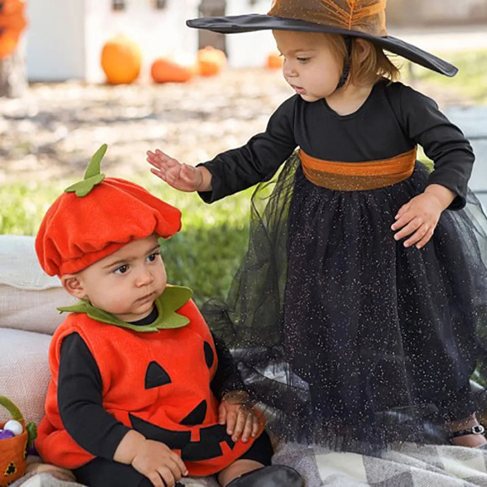 Baby Costume Kids Pumpkin Romper with Hat Boys Girls Cosplay One-Piece Infant Summer Casual Onesie Halloween Jumpsuit 0-5 Years