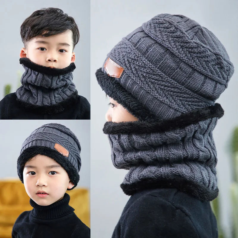 1Pcs Hat Scarf Set Kids Bean Knitted Scarf Cap Children Autumn Winter Fleece Warm Knitted Scarf Hat for Boys Girls