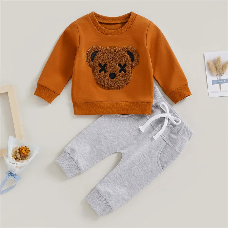 1-5 Years Kid Boys Girls 2Pcs Tracksuit Suits Fall Baby Plush Cartoon Bear Long Sleeves Sweatshirt Top + Elastic Waist Pants