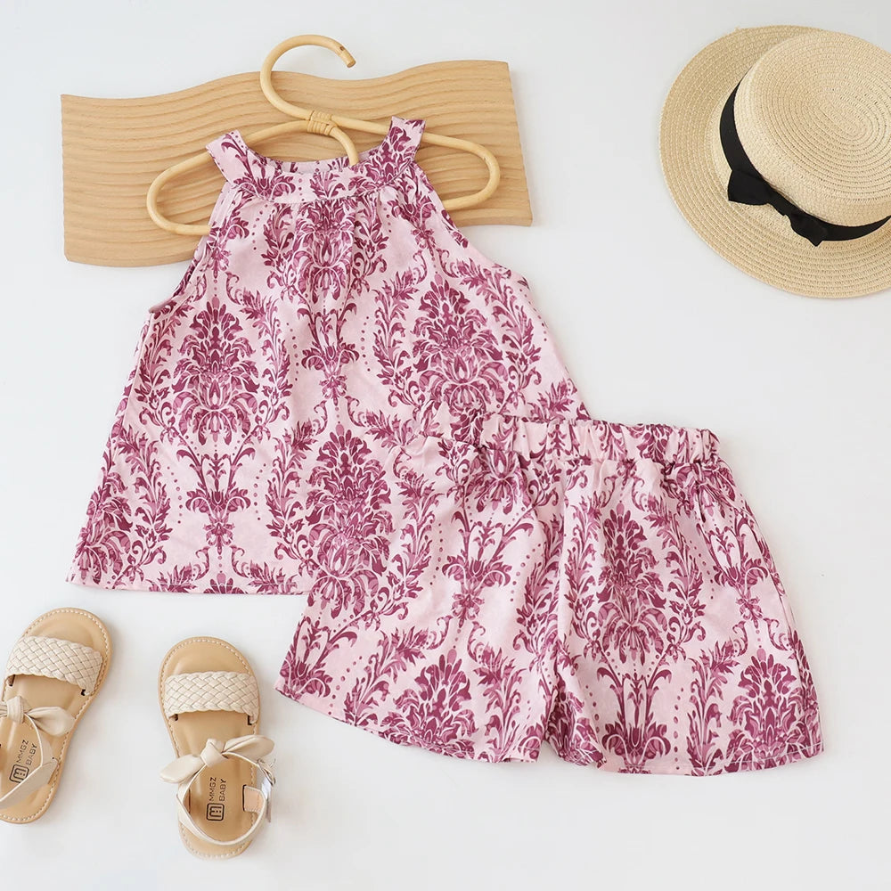 Bear Leader 2024 New Girls Outfit Summer Small Floral Halterneck Sleeveless Suspender Set Girl Refreshing Shorts Two-Piece Set