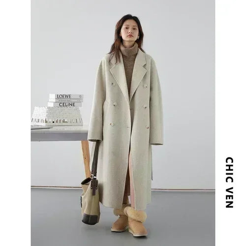 CHIC VEN Women Long Double-sided Woolen Coats Retro Loose Female Overcoat Double Breasted Ladies Windbreak Autumn Winter 2025