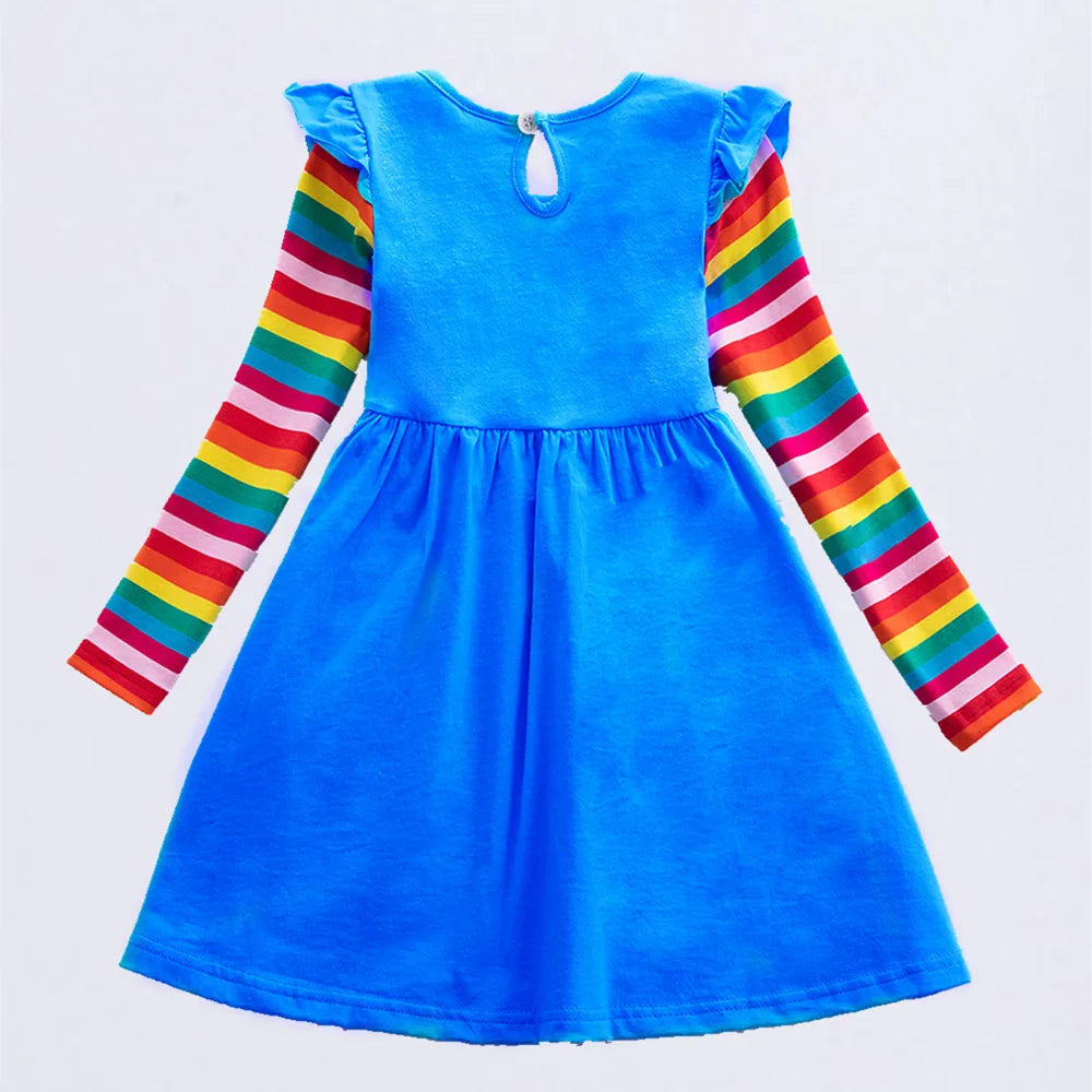 Girls' Long Sleeve Unicorn Dress Autumn Embroidery Two Pockets Rainbow Sleeves 81035