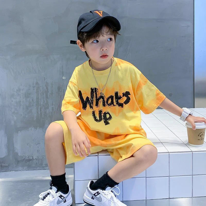 2024 New Boy Summer Quick dry Suit Children Streetwear what's up Short Sleeve TShirt + Shorts Two piece Sports Set Loose Outfits