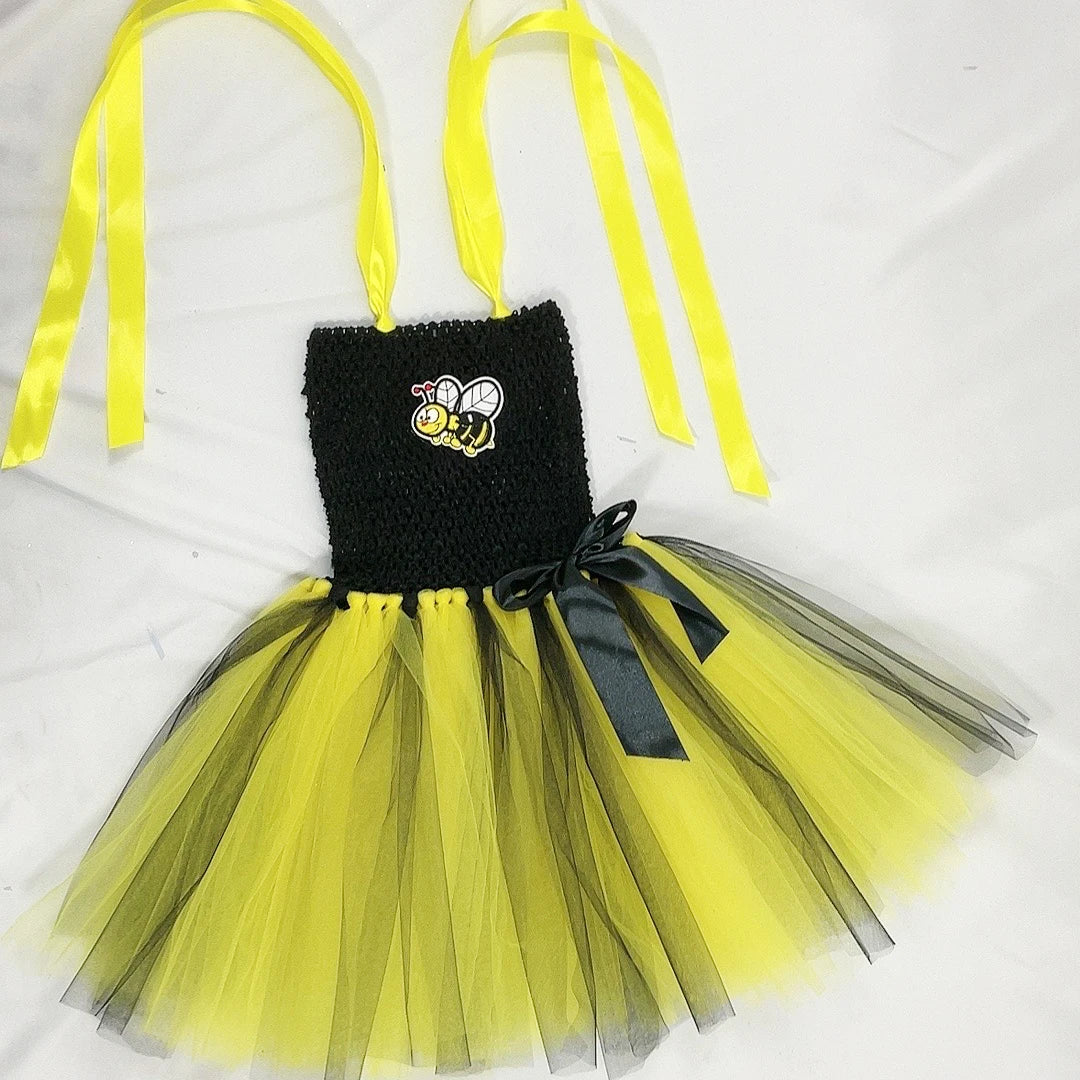 Bumble Bee Tutu Dress for Baby Girls Birthday Outfit Halloween Costume for Kids Honeybee Cosplay Dresses with Wing Headband Set