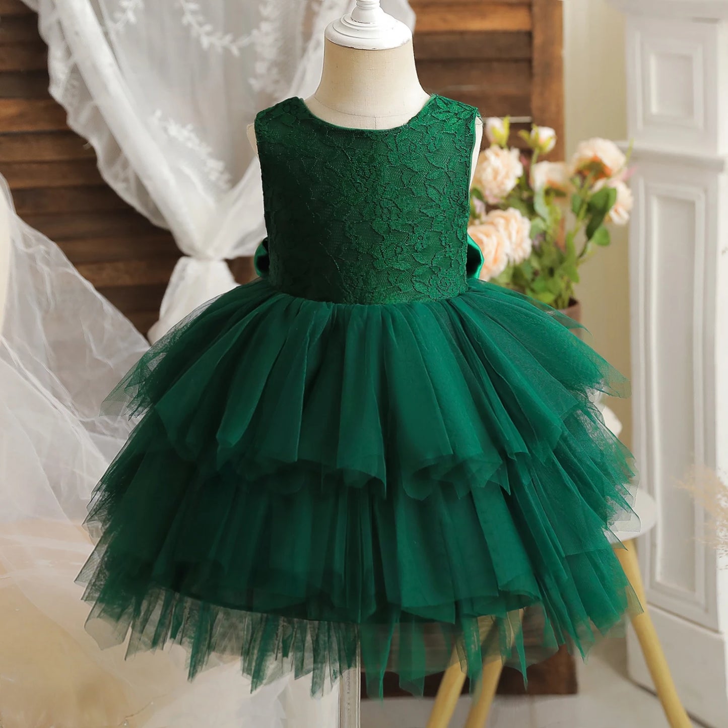 Flower Girl Dresses for Wedding Kids Lace Backless Tulle Tutu Princess Prom Party Clothes Baby 1st Birthday Baptism White Dress