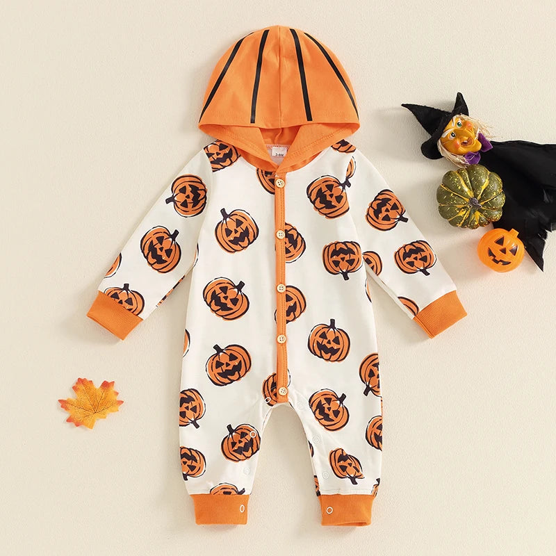2024-05-23 Lioraitiin Baby Girl Boy Halloween Romper Bat Print Long Sleeve Full Length Hooded Jumpsuit for Fall
