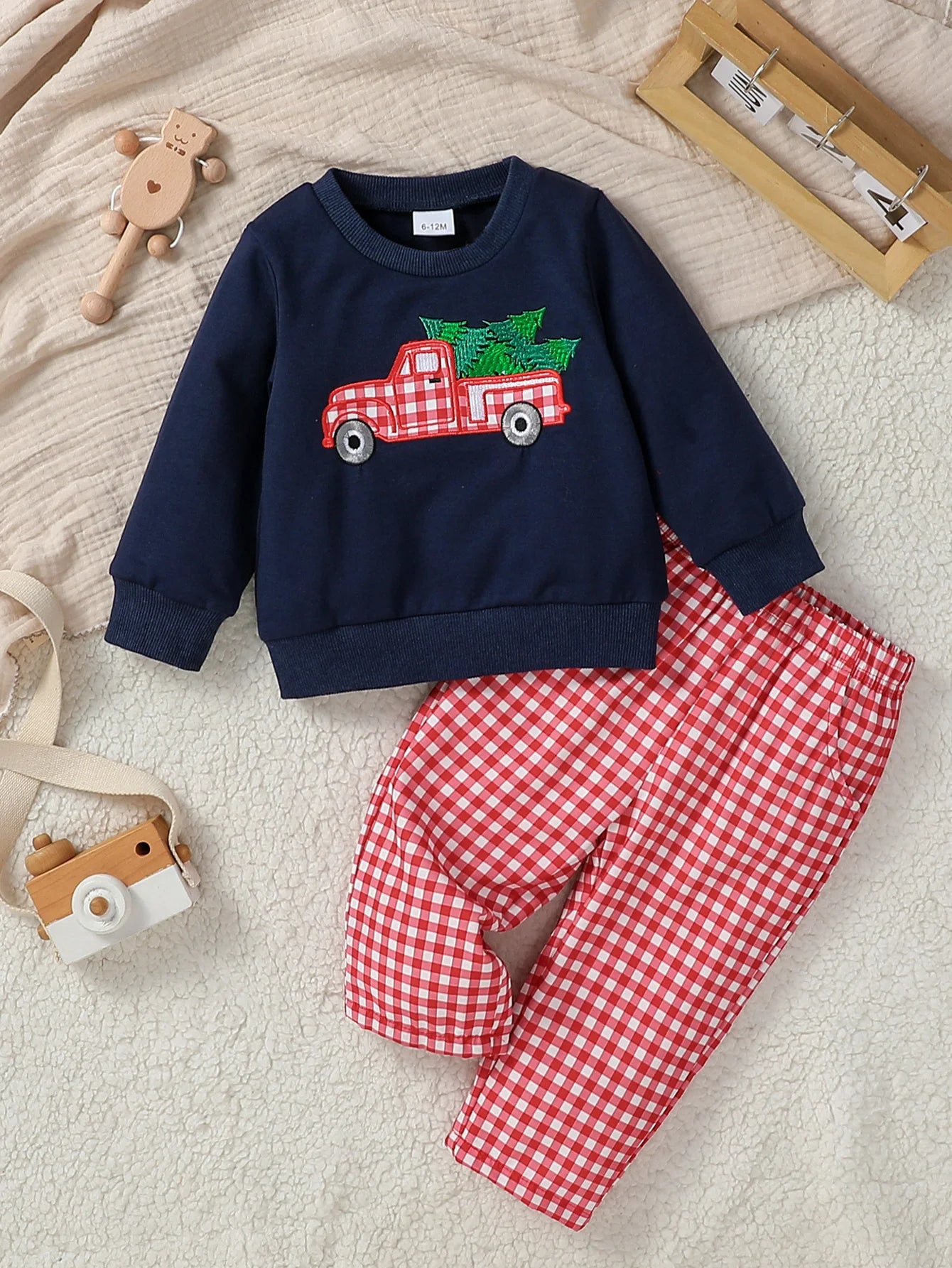 2024 New Baby Gilrs Fall/WInter 6M-4Y Christmas Infant Toddler Clothes Sets Xmas Outfits Santa Embroidery Tops Plaid Pants