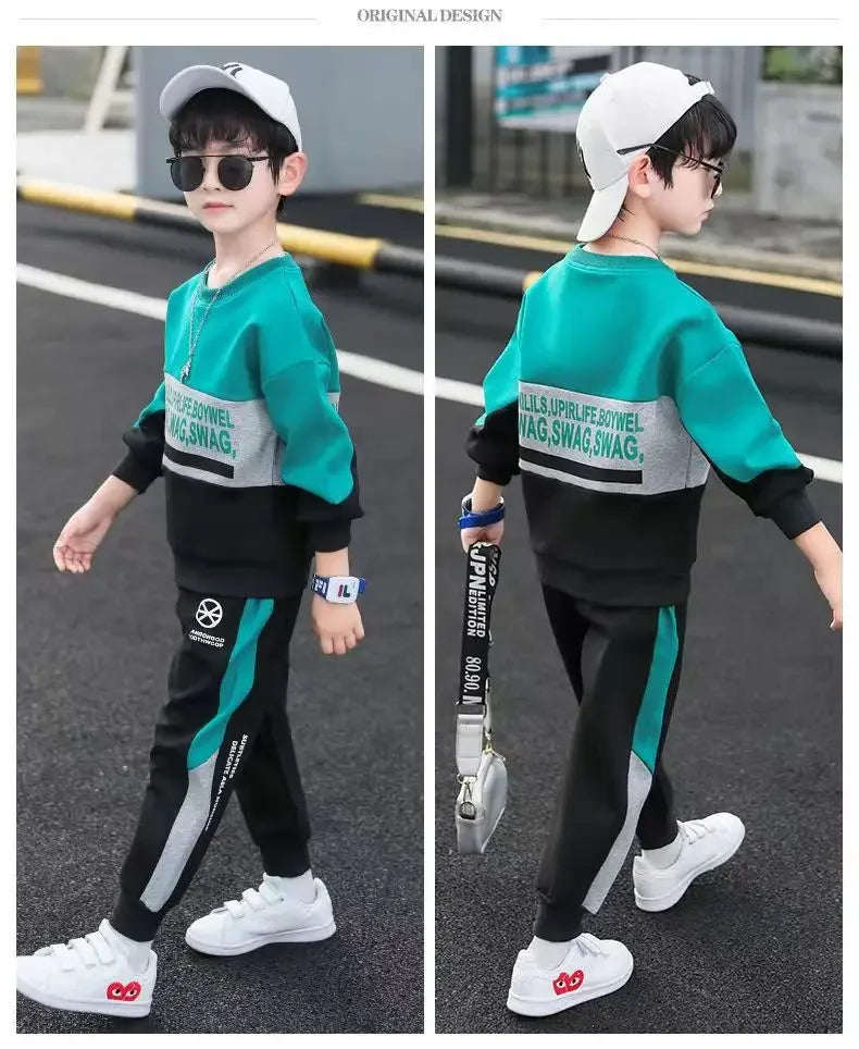2024 autumn winter Boys Tracksuit velvet Children patchwork letters Cotton T-Shirt + Pants Suit Clothes children Set 12 14 Y
