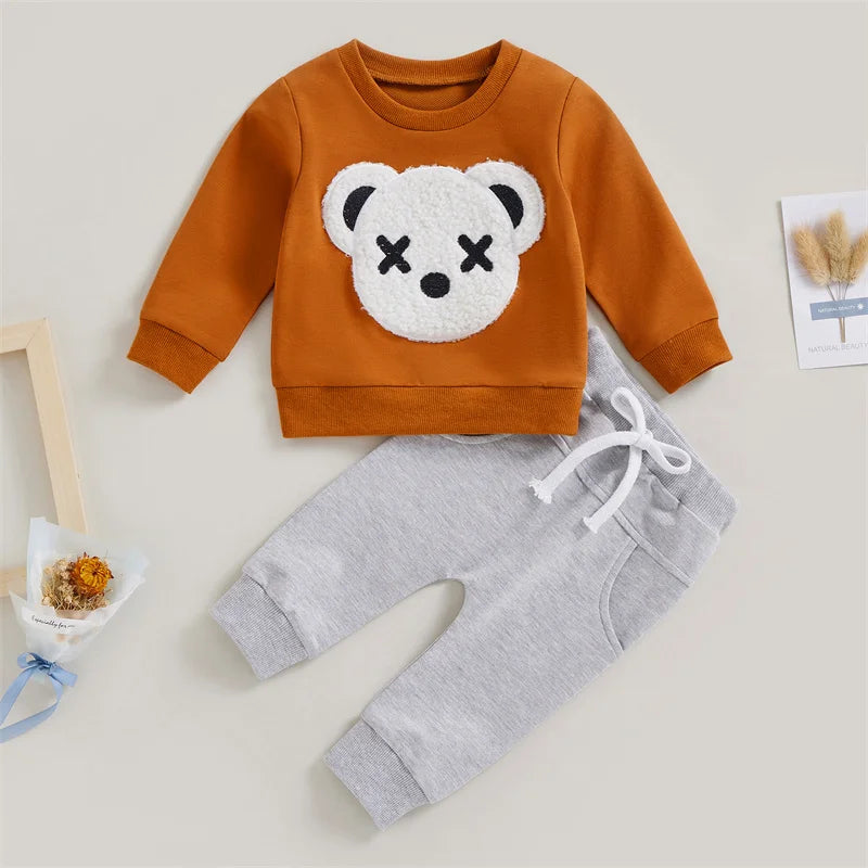 1-5 Years Kid Boys Girls 2Pcs Tracksuit Suits Fall Baby Plush Cartoon Bear Long Sleeves Sweatshirt Top + Elastic Waist Pants
