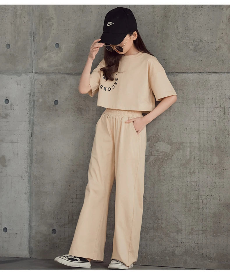 2024 New Spring Summer Teenager Girls Clothing Sets Children Short Tops T Shirt + Pants 2Pcs Kids Tracksuit 5 6 8 10 12 14 Years