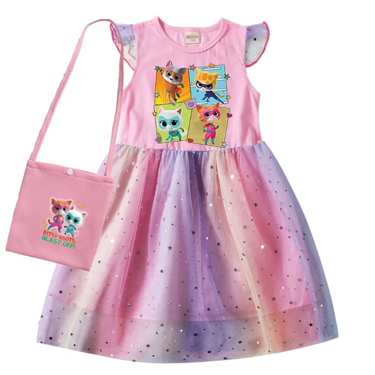 children SuperKitties Costume kids Cosplay Super Kitties clothes for Girls Flying Sleeves A-Line Dress with Bag and Headband