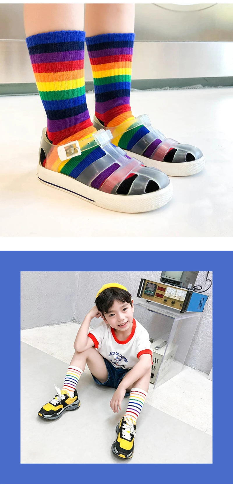 Fashion Rainbow Socks for Kids Spring Summer Colourful Stripe Breathable Cotton Girls Boys Tube Socks School Long Socks 1-8 Year