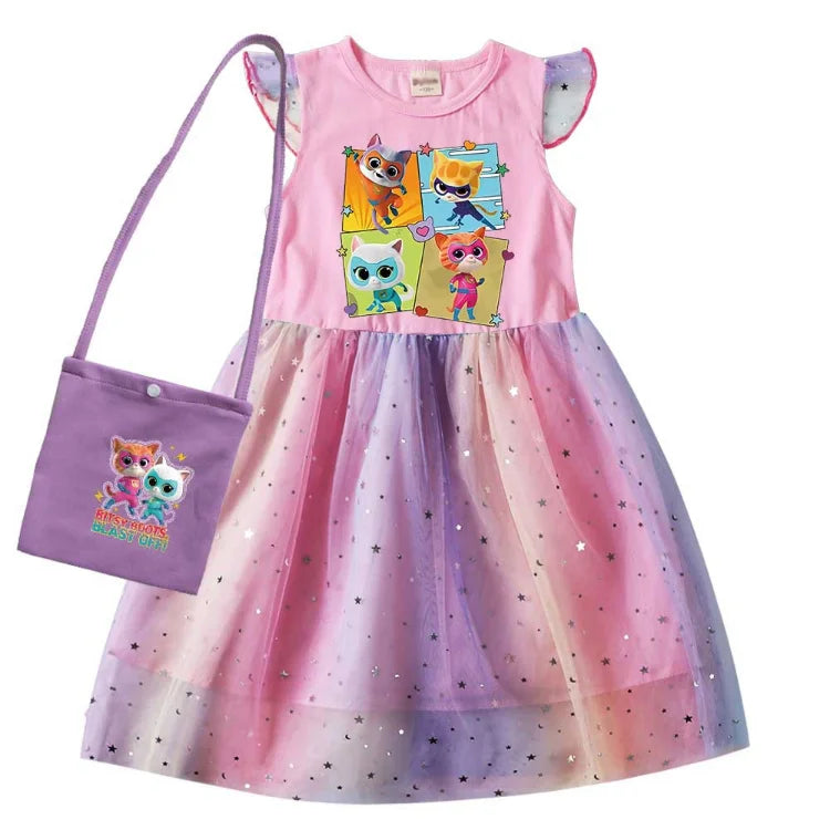 children SuperKitties Costume kids Cosplay Super Kitties clothes for Girls Flying Sleeves A-Line Dress with Bag and Headband