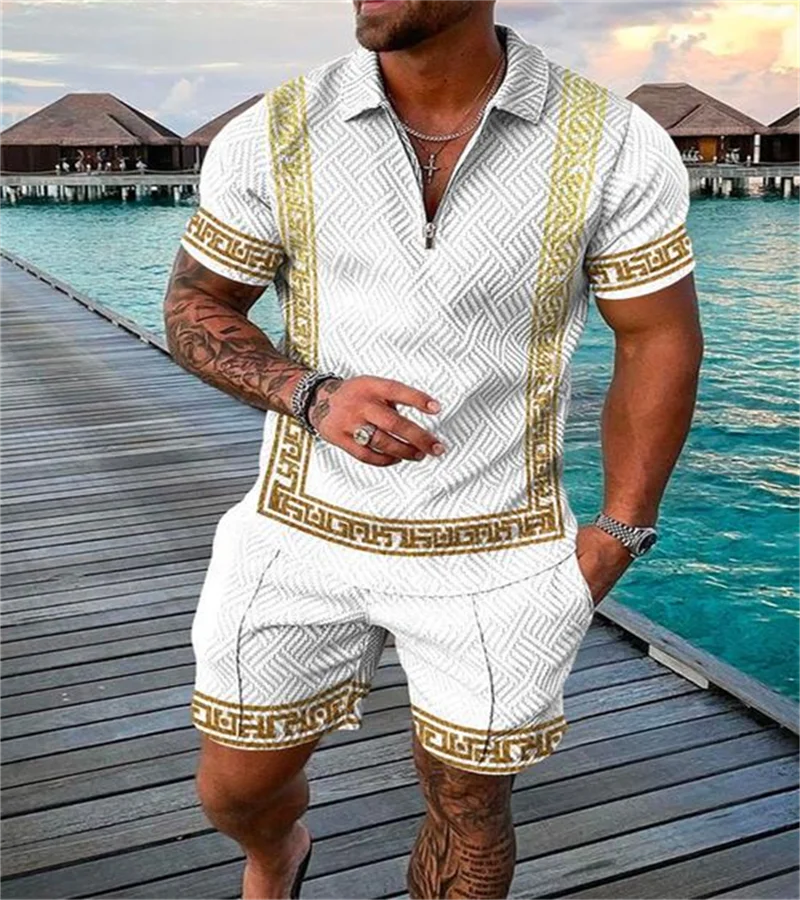Funny 3D Polka Dot Print Men's Short Sleeve Sets Fashion Zip Polo Shirt Shorts 2 Piece Outfit Summer Street Clothing Casual Suit