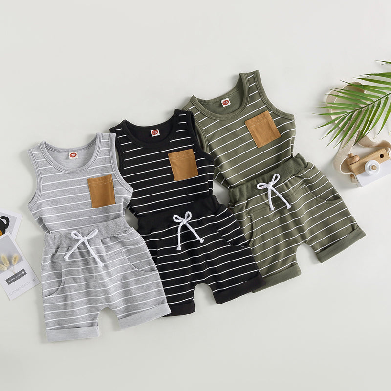 2023-03-01 Lioraitiin 0-4Years Kids Baby Boy 2Pcs Summer Outfits Striped Sleeveless Tank Tops and Stretch Shorts Pocket Set