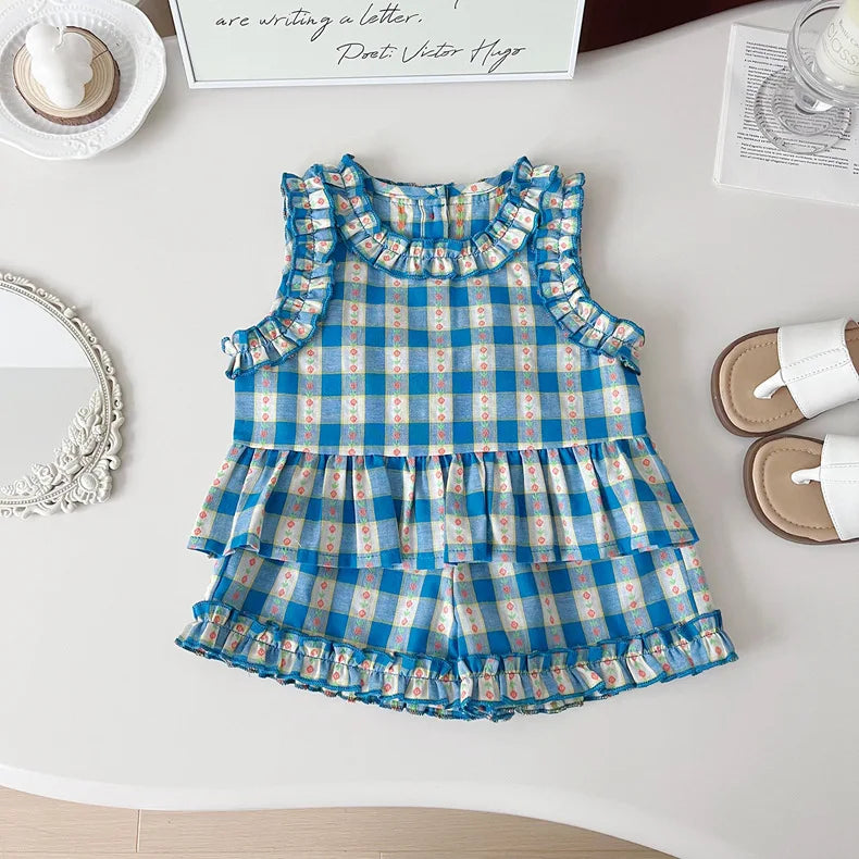 Children's Clothing Sets Blue Plaid Floral Print Sleeveless Top + Wide Leg Pants + Shorts 3 Pcs Sets Kids Clothes for Girls