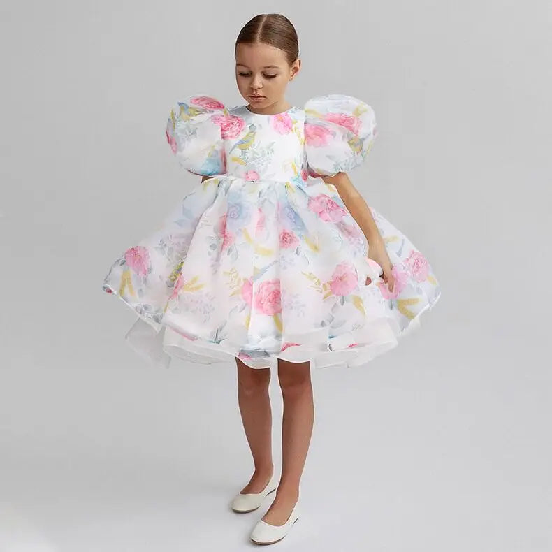 Girls White Cake Layers Dresses Kids Pull Sleeve Elegant Party Wedding Birthday Tutu Princess Vestidos Children Summer Clothes