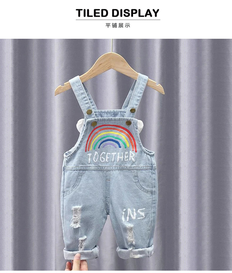IENENS Baby Dungarees Girls Overalls Hole Wash Jeans Rainbow Print Trousers Denim Jumpsuit Toddler Infant Long Pants 0-4 Years