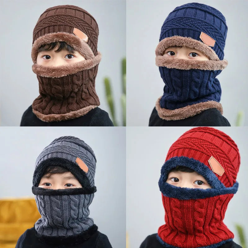 1Pcs Hat Scarf Set Kids Bean Knitted Scarf Cap Children Autumn Winter Fleece Warm Knitted Scarf Hat for Boys Girls