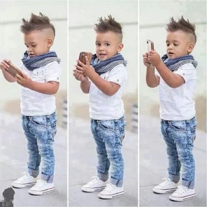 2024 Summer Boys Outfits Set 3Pcs Kids Random Cool Clothes Toddler T-Shirt + Jeans + Scarf Fashion Suits Children's Clothing Set