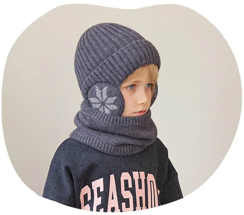 2Pcs Knitted Children Winter Hat Scarf Fleece Lining Ears Protection Kids Beanie Hats Neck Warmer Warm Child Boy Cap 4-10Y