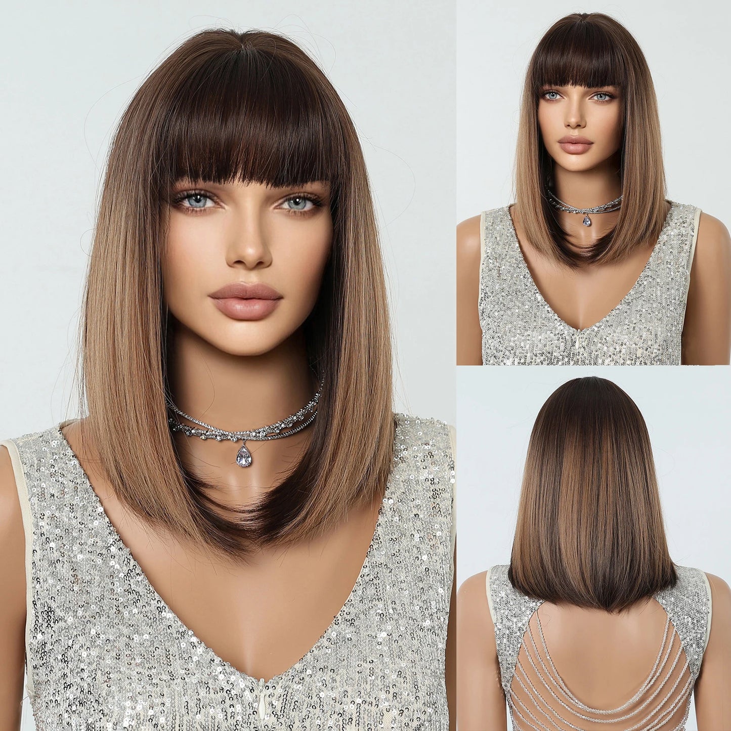 Short Straight Bob Wigs with Bangs Black Brwon Highlight Wig Daily Cosplay Natural Synthetic Hair Wigs for Women Heat Resistant