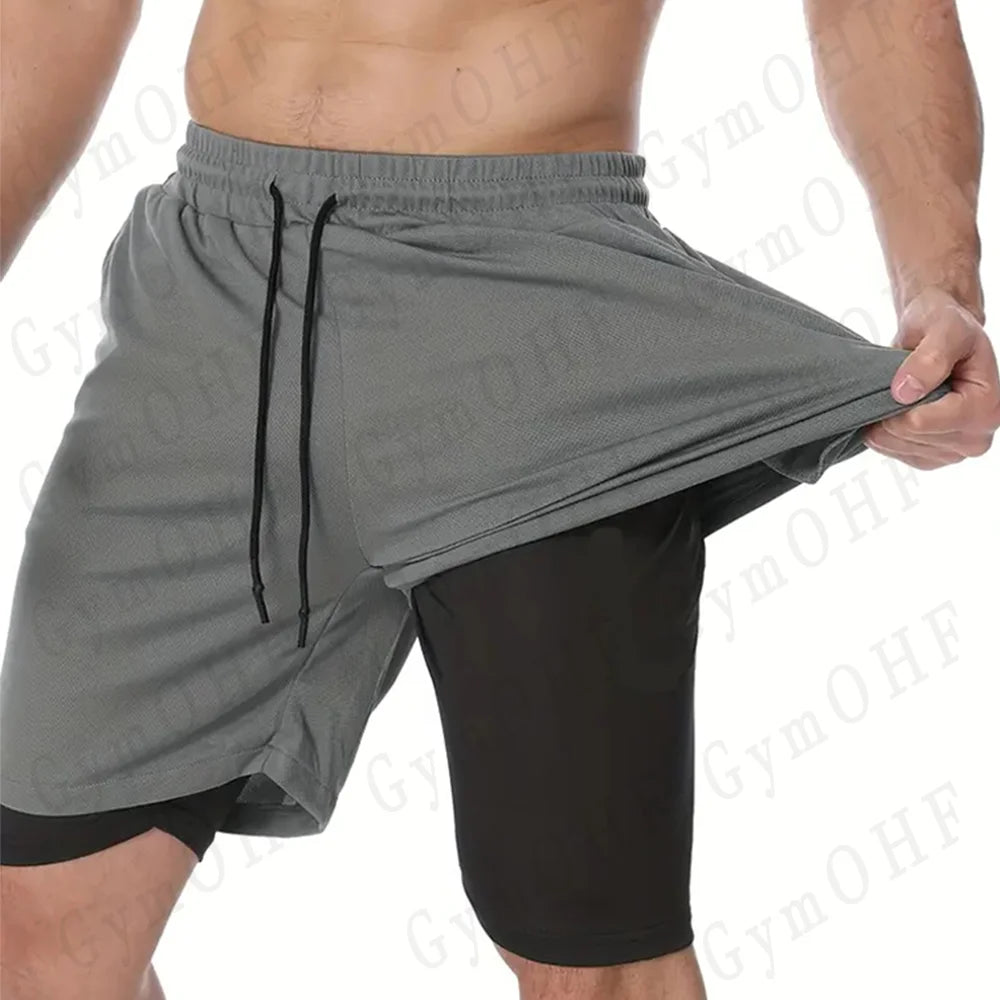 Anime Compression Shorts Men T Shirt Summer Sportswear Gym Jogging Training Workout Male Fitness Sport 2 In 1 Shorts Quick Dry