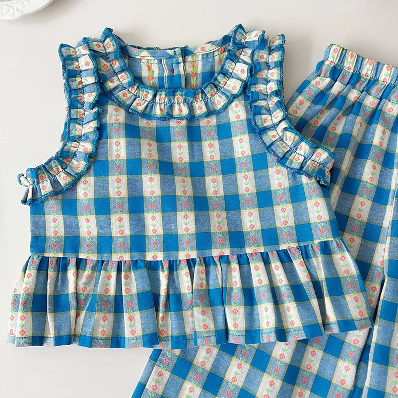 Children's Clothing Sets Blue Plaid Floral Print Sleeveless Top + Wide Leg Pants + Shorts 3 Pcs Sets Kids Clothes for Girls