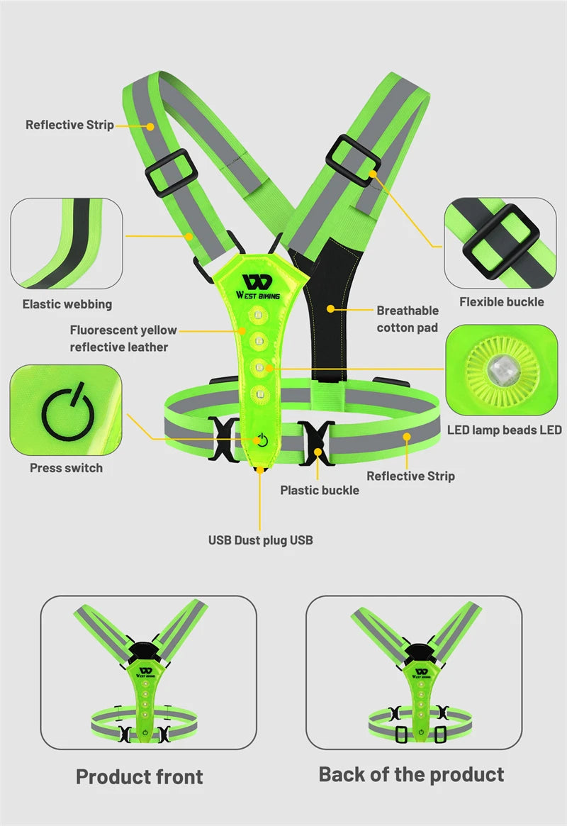 WEST BIKING Cycling Reflective Safety Vest Electric Scooter Flashing Vest USB Rechargeable LED Vest Running Jogging Fishing