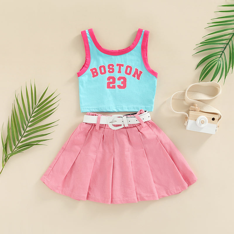 FOCUSNORM 1-6Y Fashion Little Girls Kids Clothes Sets 2pcs Letter Patchwork Sleeveless Causal Vest+Solid Pleated Skirts+Belt