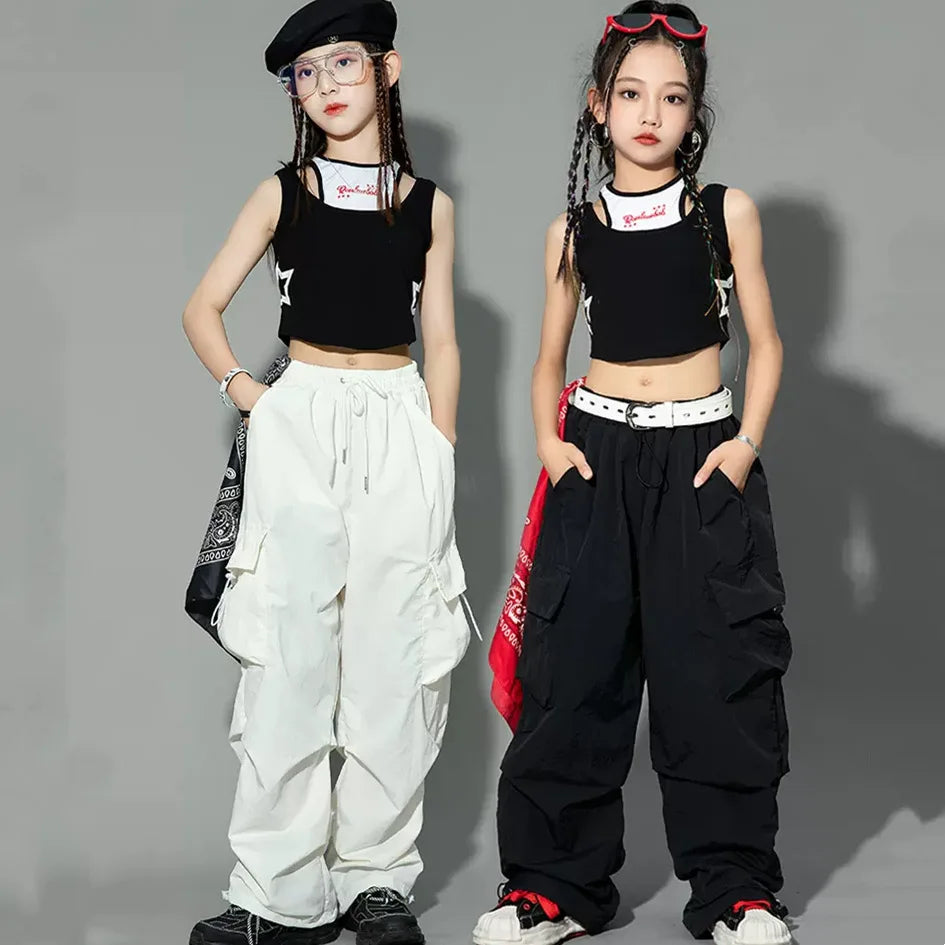5-14Y Kids Hip Hop Joggers Pants Girls Cargo Pants Teenage Straight Trousers High Waist Vintage Casual Streetwear Baggy Pants