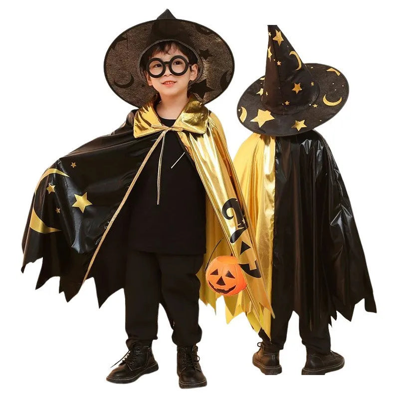 Boys Girls Wizard Cape with Hat Halloween Witch Party Costumes for Kids Children Cosplay Cloak Fancy Dress