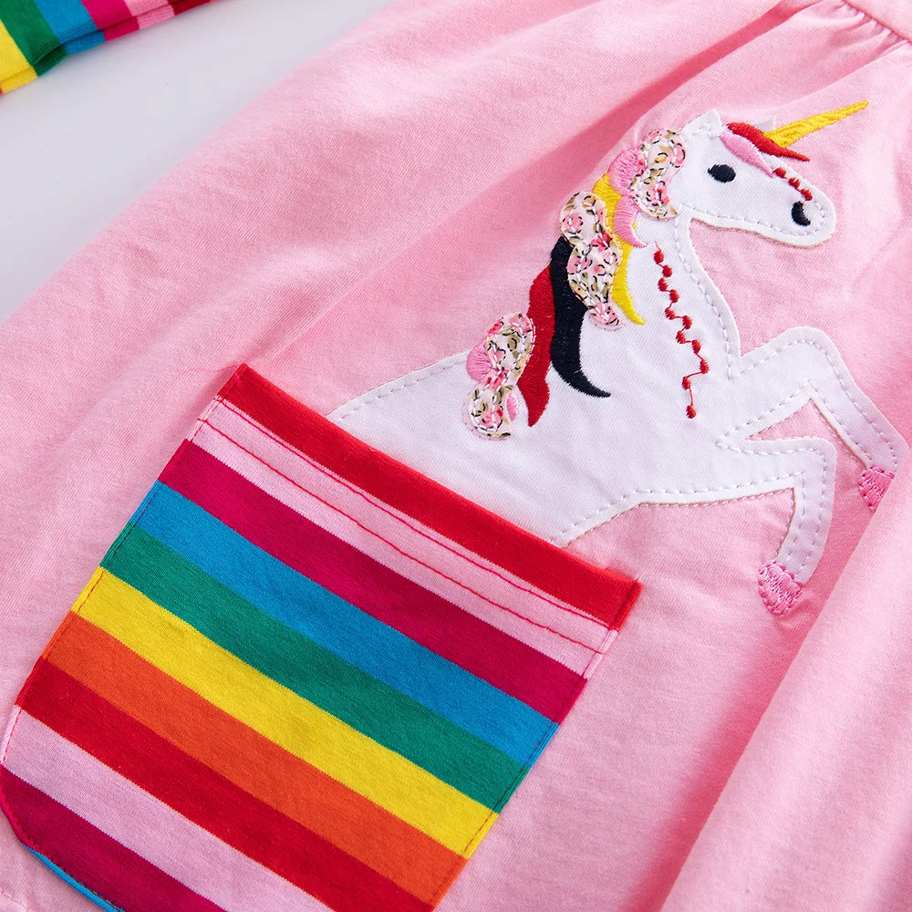 Girls' Long Sleeve Unicorn Dress Autumn Embroidery Two Pockets Rainbow Sleeves 81035